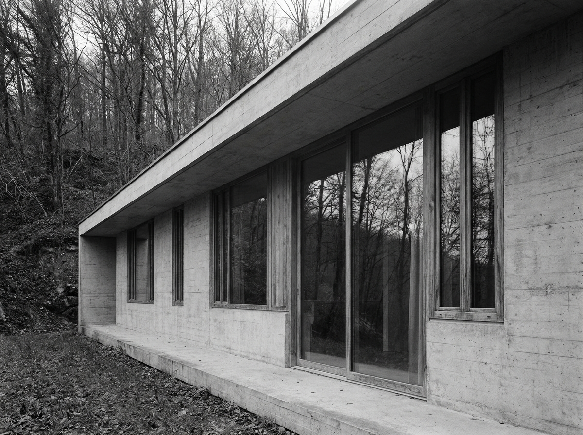 Parterowy dom z betonu architektonicznego wtopiony w leśny stok