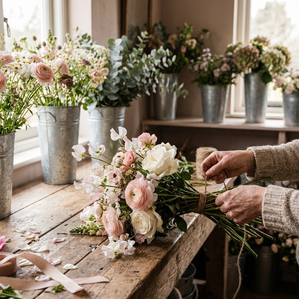 Florystka układa bukiet świeżych kwiatów w salonie Le&Di flower