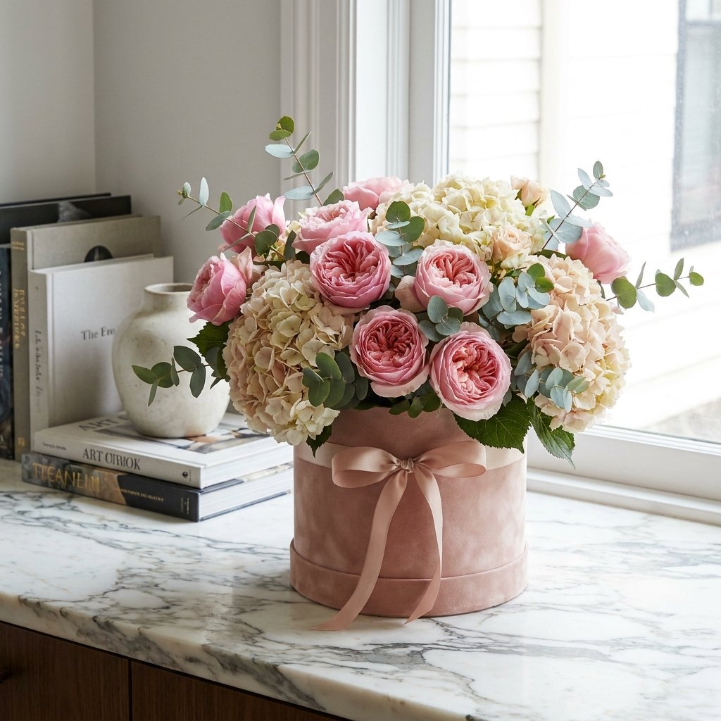 Flowerbox - kompozycja róż i hortensji w okrągłym pudełku