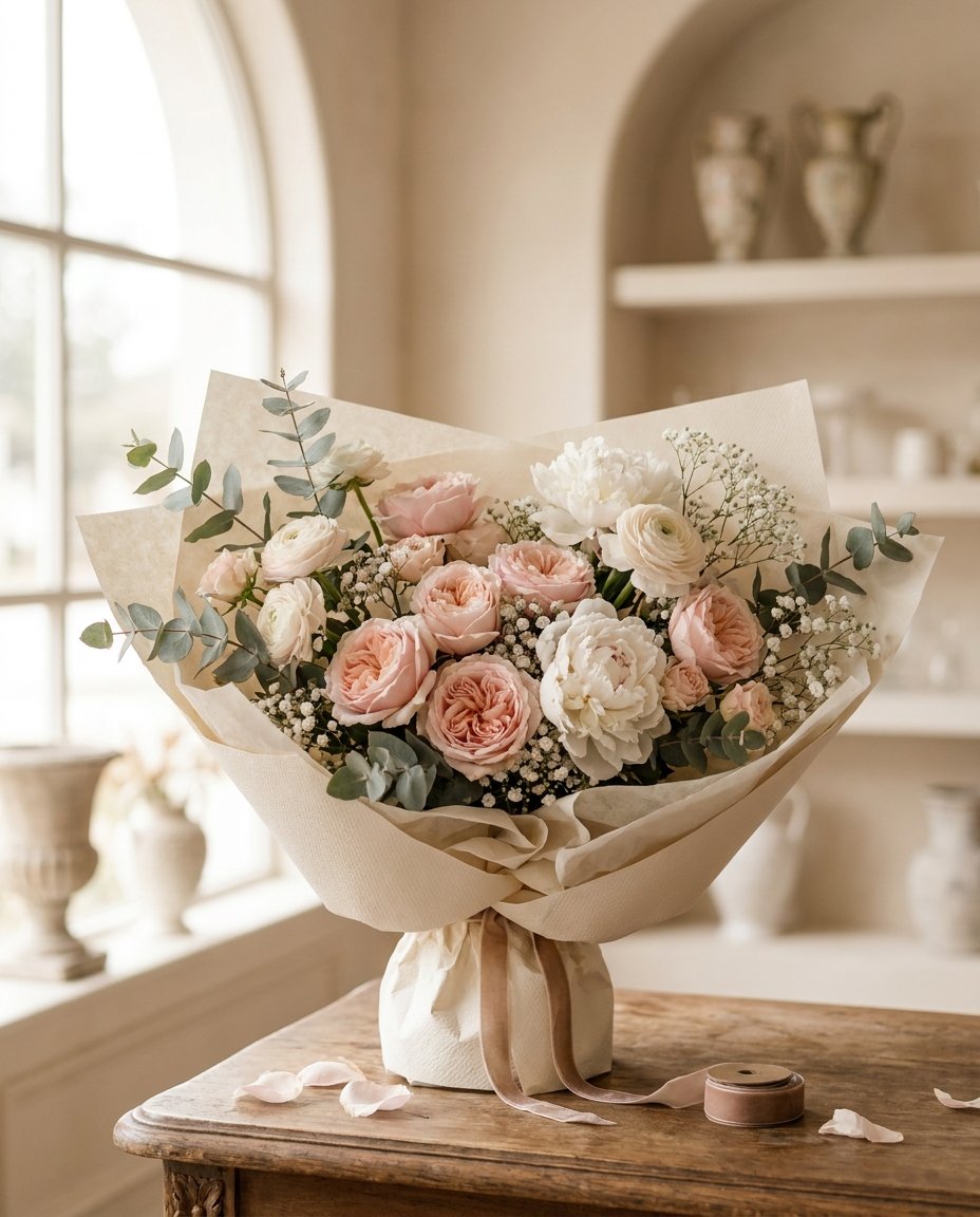 Bukiet pudrowych róż, piwonii i eukaliptusa ułożony w Kwiaciarni Le&Di flower